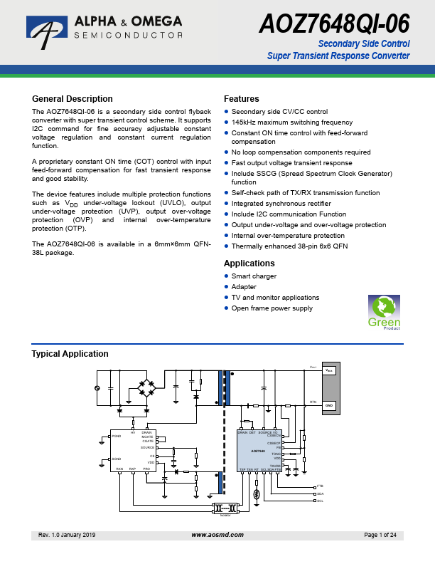 AOZ7648QI-06 Super Transient Response Converter by Alpha & Omega Semiconductors - Datasheet Preview