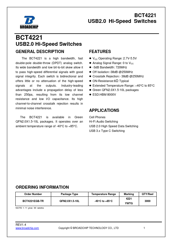 BCT4221 USB2.0 Hi-Speed Switches by BROADCHIP - Datasheet Preview
