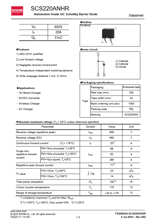 SCS220ANHR Automotive Grade SiC Schottky Barrier Diode by ROHM - Datasheet Preview