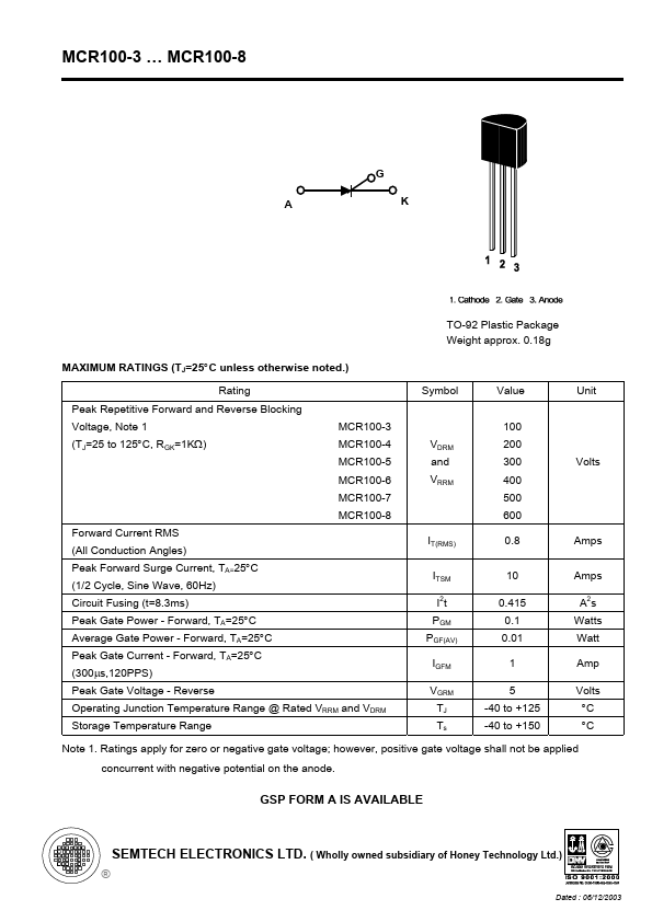 MCR100-8 Datasheet Preview