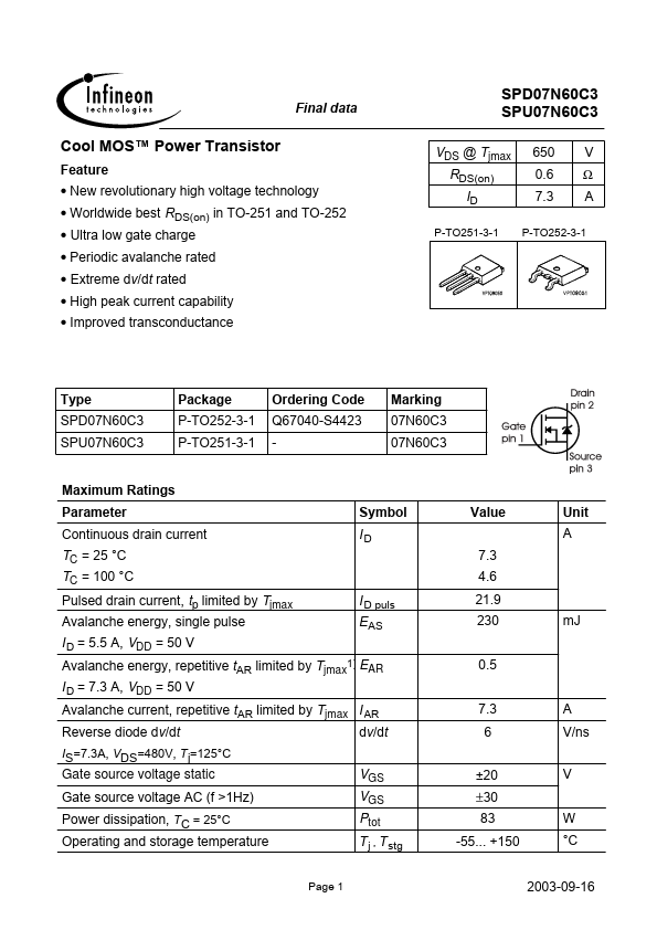 SPD07N60C3 datasheet page 1 preview