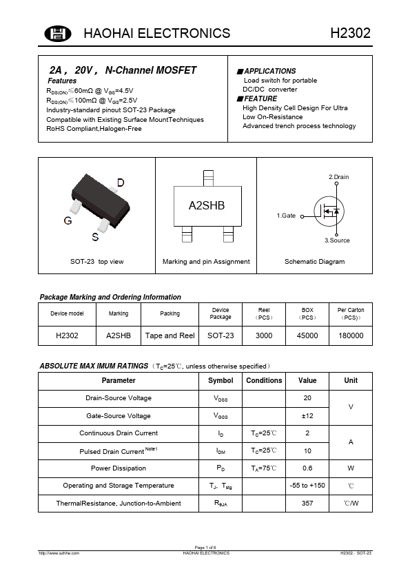 H2302 2A 20V N-Channel MOSFET by HAOHAI - Datasheet Preview