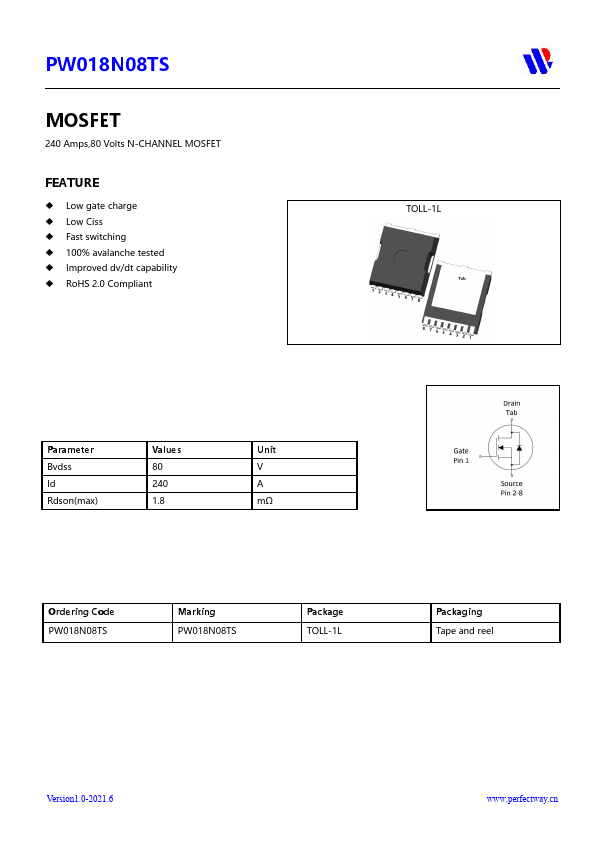 PW018N08TS Datasheet Preview