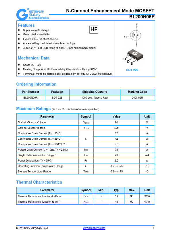 BL200N06R N-Channel Enhancement Mode MOSFET by GME - Datasheet Preview