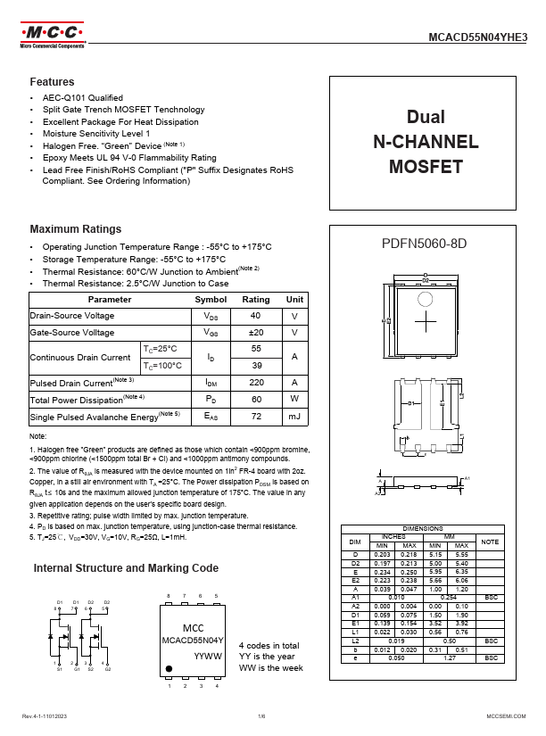 MCACD55N04YHE3 Dual N-CHANNEL MOSFET by MCC - Datasheet Preview