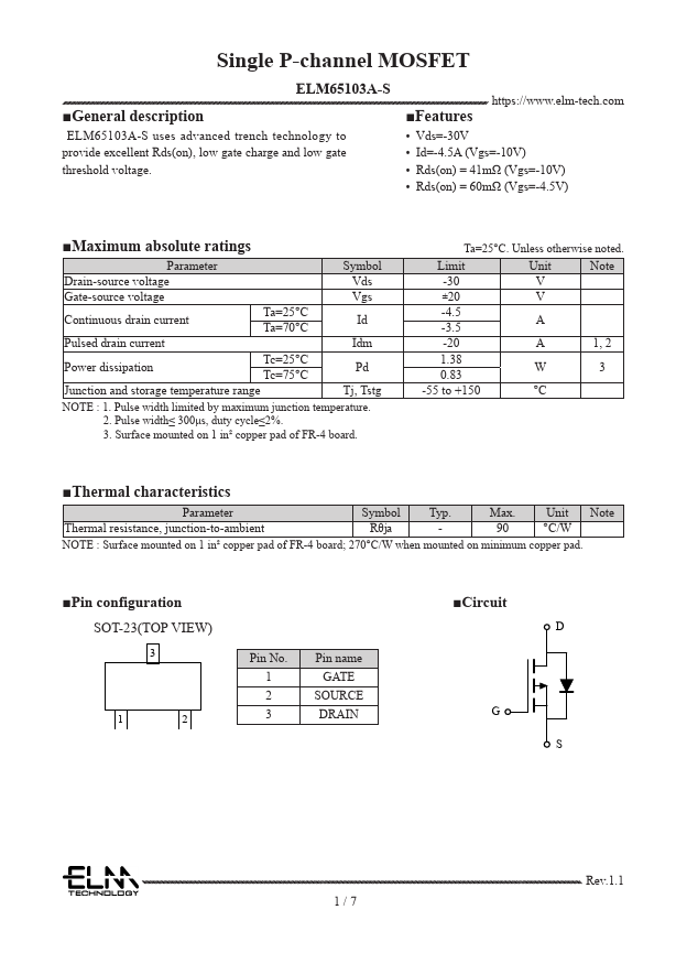 ELM65103A-S Single P-channel MOSFET by ELM - Datasheet Preview