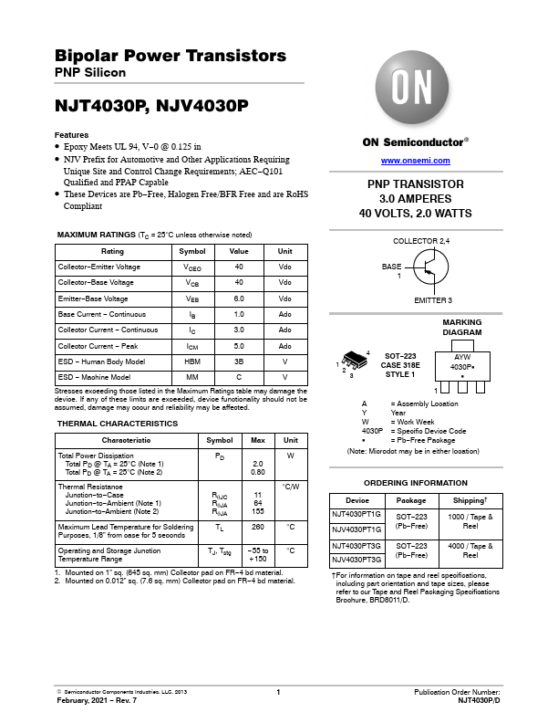 NJT4030P Bipolar PNP Silicon Power Transistors by ON Semiconductor - Datasheet Preview