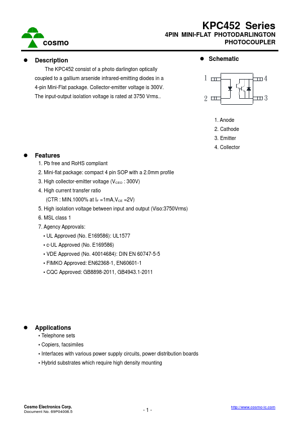 KPC452 4PIN MINI-FLAT PHOTODARLINGTON PHOTOCOUPLER by COSMO Electronics - Datasheet Preview