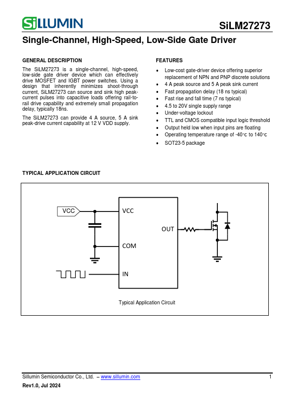 SiLM27273 Single-Channel High-Speed Low-Side Gate Driver by Sillumin - Datasheet Preview