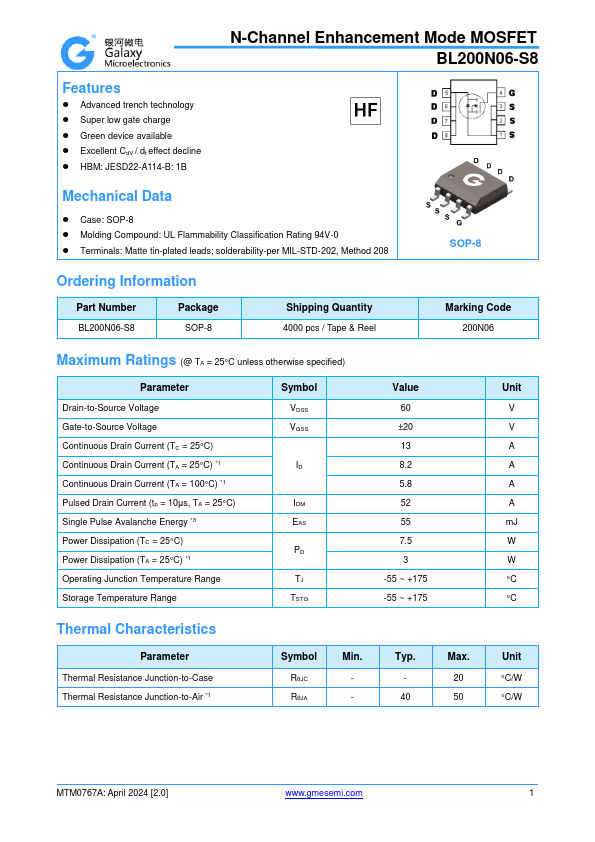 BL200N06-S8 N-Channel Enhancement Mode MOSFET by GME - Datasheet Preview