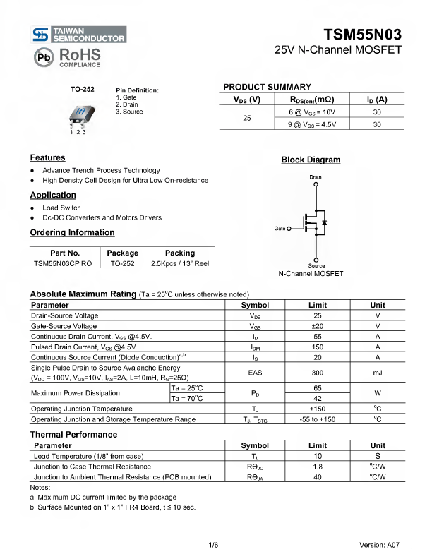 TSM55N03 25V N Channel MOSFET Taiwan Semiconductor TSM55N03 25V N Channel MOSFET Taiwan Semiconductor