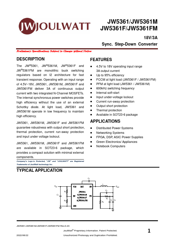 JW5361 18V/3A Step-Down Converter by JoulWatt - Datasheet Preview