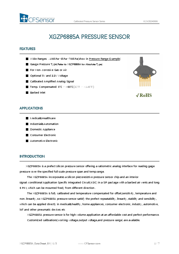 XGZP6885A Calibrated Pressure Sensor by CFSensor - Datasheet Preview