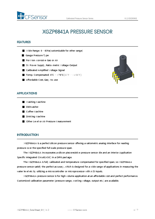 XGZP6841A Calibrated Pressure Sensor by CFSensor - Datasheet Preview