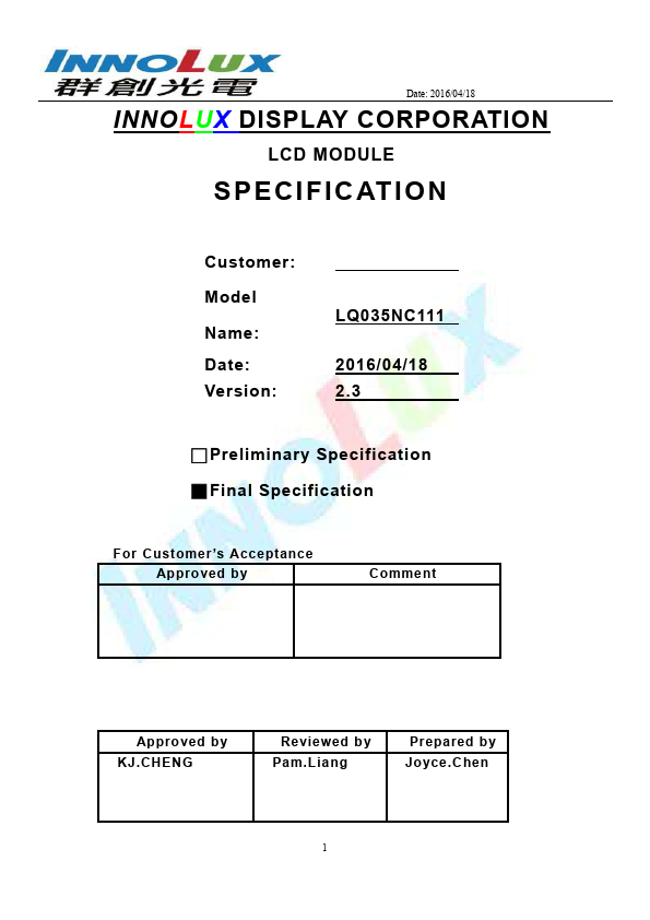 LQ035NC111 Datasheet Preview