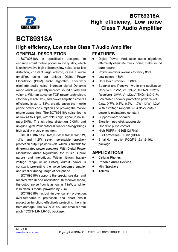 BCT89318A High efficiency Low noise Class T Audio Amplifier by BROADCHIP - Datasheet Preview