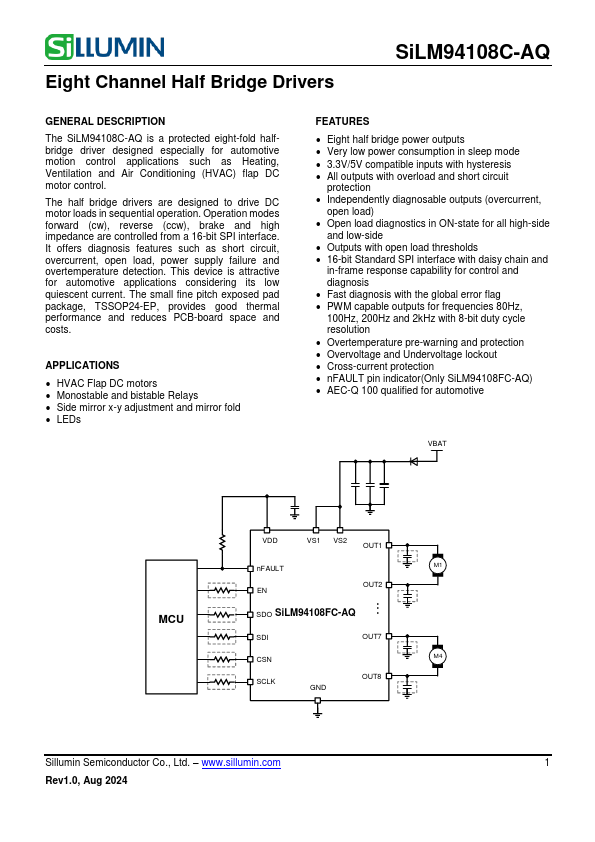 SiLM94108C-AQ Eight Channel Half Bridge Drivers by Sillumin - Datasheet Preview