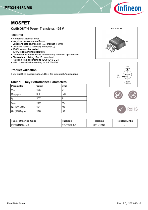 IPF031N13NM6 Datasheet Preview