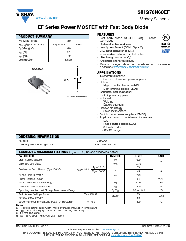 SIHG70N60EF