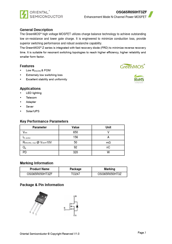 OSG65R050HT3ZF N-Channel Power MOSFET by Oriental Semiconductor - Datasheet Preview