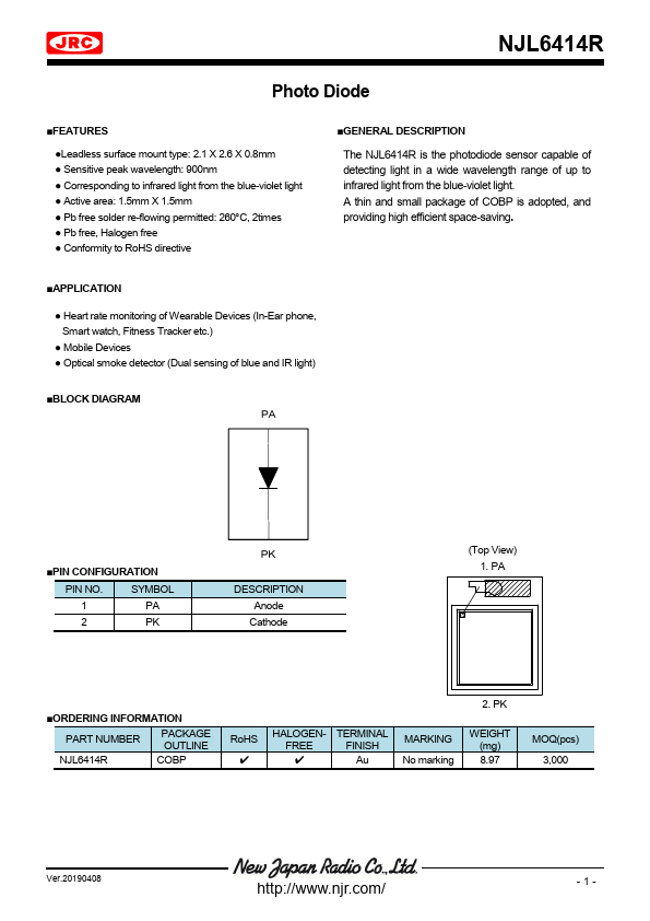 NJL6414R Photo Diode by New Japan Radio - Datasheet Preview
