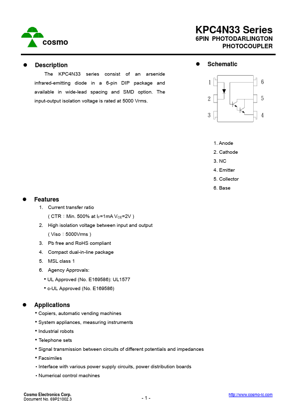 KPC4N33H 6PIN PHOTODARLINGTON PHOTOCOUPLER by Cosmo - Datasheet Preview