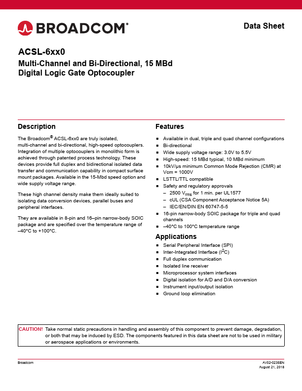 ACSL-6420 Digital Logic Gate Optocoupler by Broadcom - Datasheet Preview