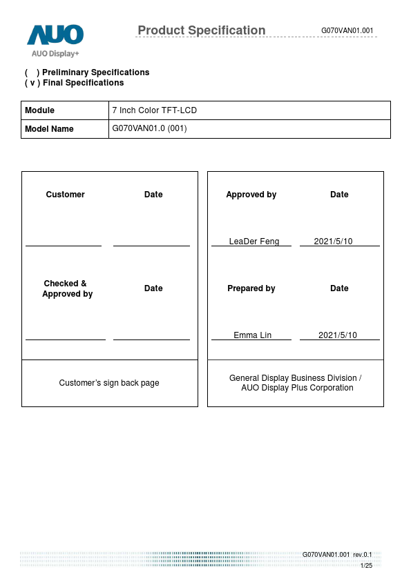 G070VAN01.0 Datasheet Preview