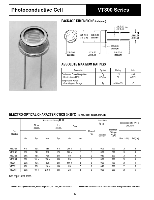 VT30N3 Photoconductive Cell by PerkinElmer Optoelectronics - Datasheet Preview