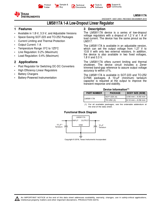 LMS8117A 1-A Low-Dropout Linear Regulator by Texas Instruments - Datasheet Preview