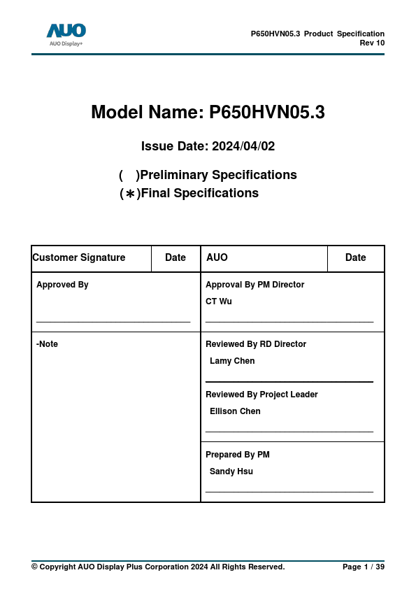 P650HVN05.3 Datasheet Preview