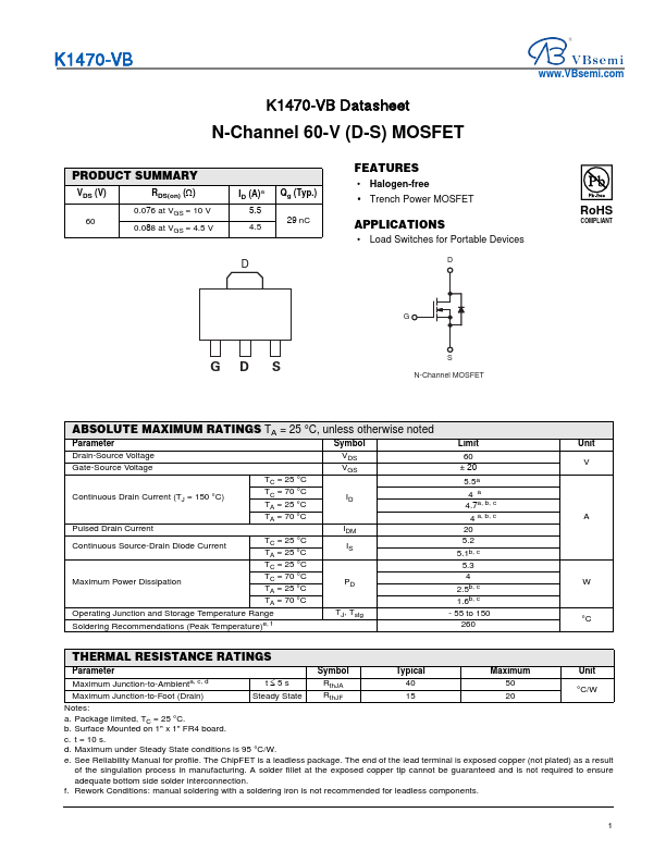K1470 N-Channel 60V MOSFET by VBsemi - Datasheet Preview