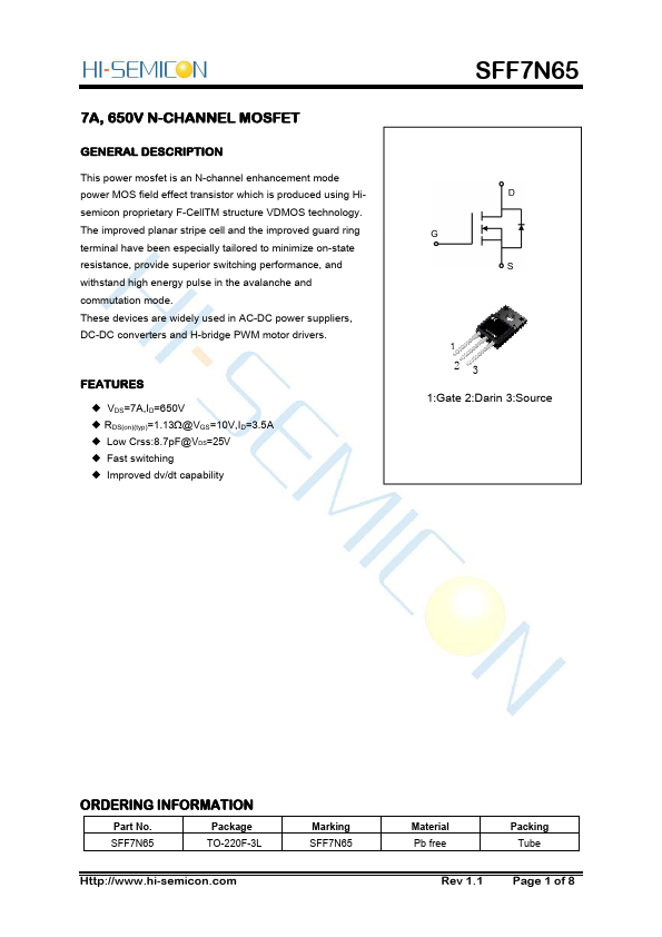 SFF7N65 7A 650V N-CHANNEL MOSFET by Hi-Semicon - Datasheet Preview