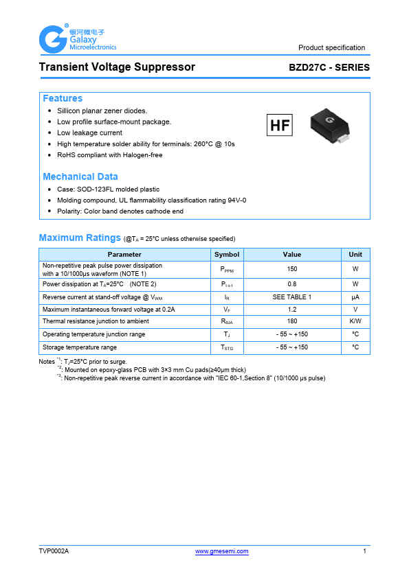 BZD27C200P Transient Voltage Suppressor by GME - Datasheet Preview