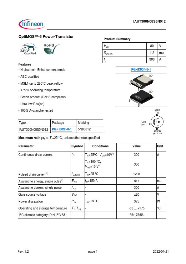 IAUT300N08S5N012 Datasheet Preview
