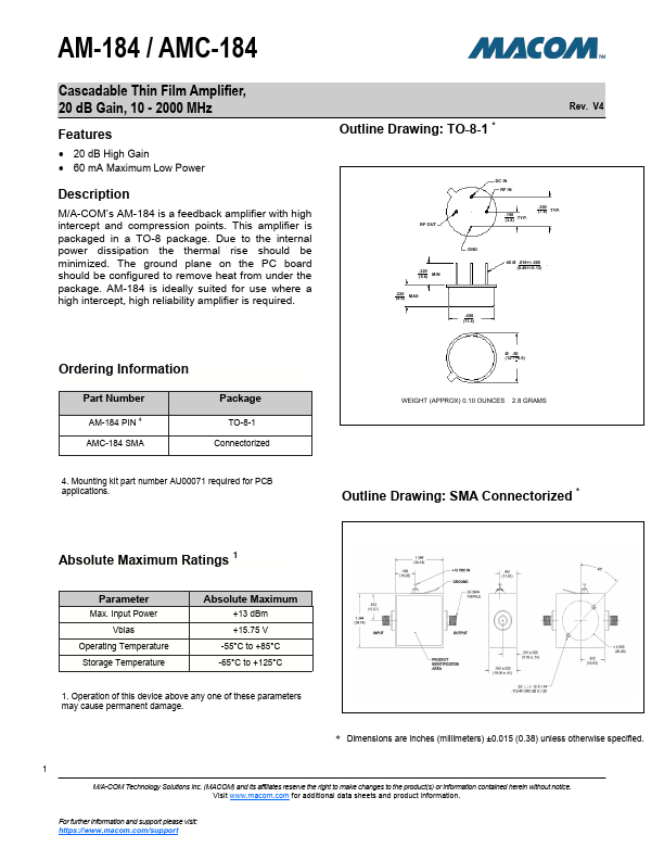 AM-184 Cascadable Thin Film Amplifier by MACOM - Datasheet Preview