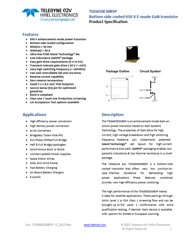 TDG650E30BSP Bottom-side cooled 650 V E-mode GaN transistor by TELEDYNE - Datasheet Preview