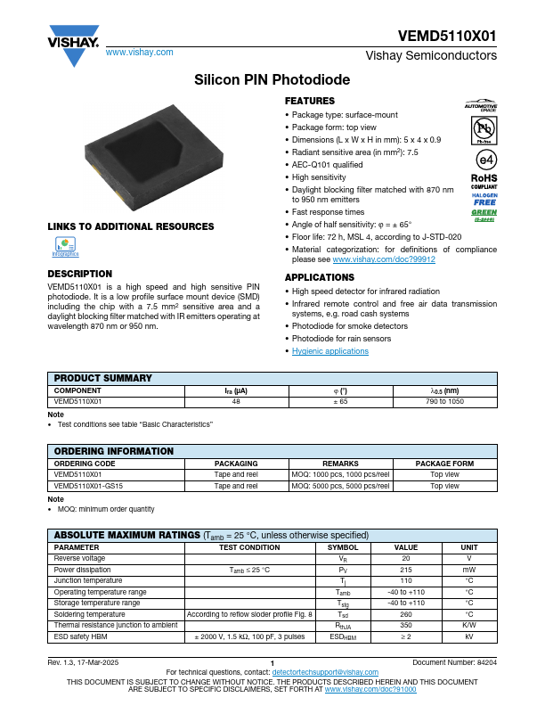 VEMD5110X01 Datasheet Preview