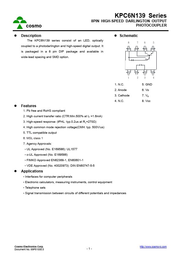 KPC6N139S 8PIN HIGH-SPEED DARLINGTON OUTPUT PHOTOCOUPLER by Cosmo - Datasheet Preview