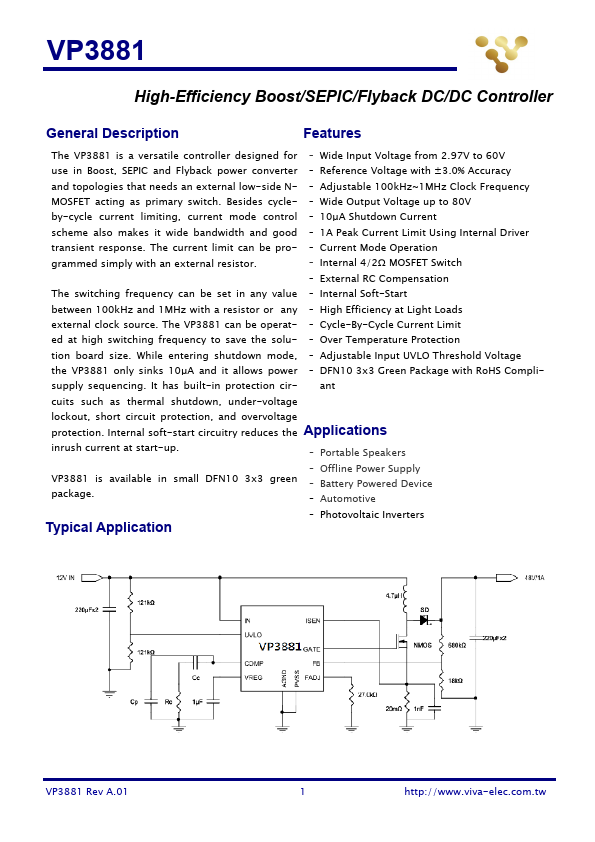 VP3881 High-Efficiency Boost/SEPIC/Flyback DC/DC Controller by Viva Electronics - Datasheet Preview