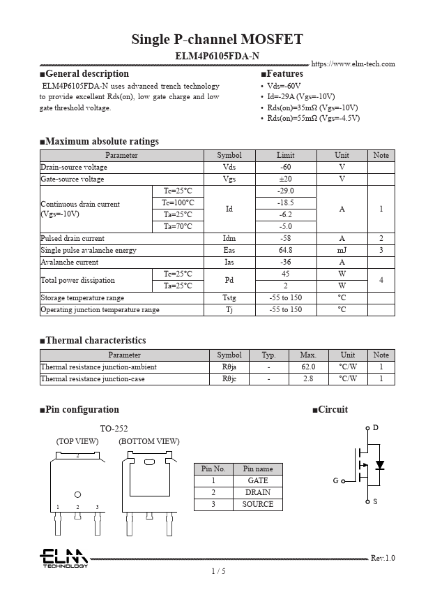 ELM4P6105FDA-N Single P-channel MOSFET by ELM - Datasheet Preview