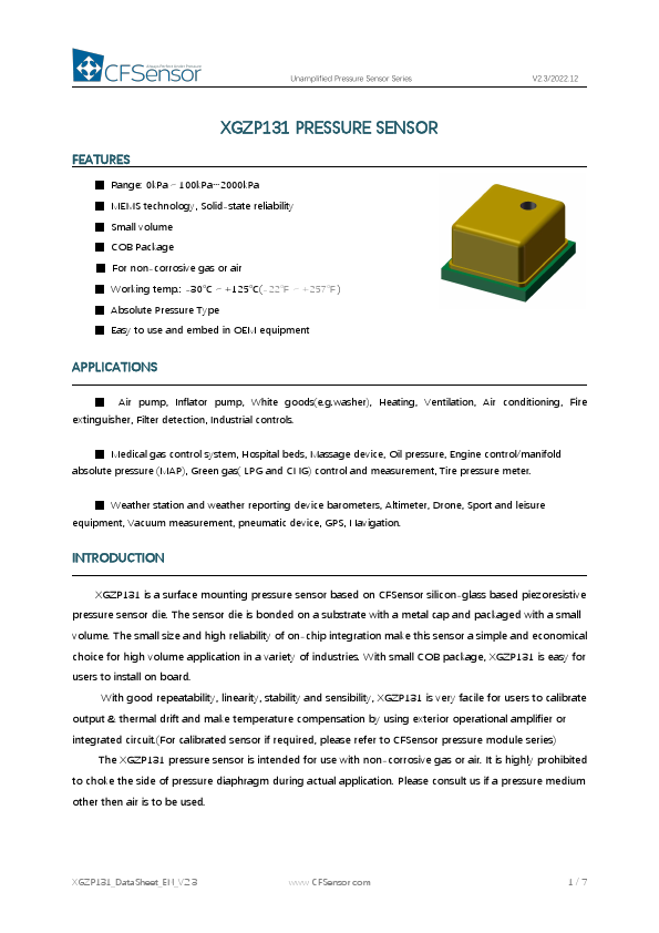 XGZP131 Unamplified Pressure Sensor by CFSensor - Datasheet Preview