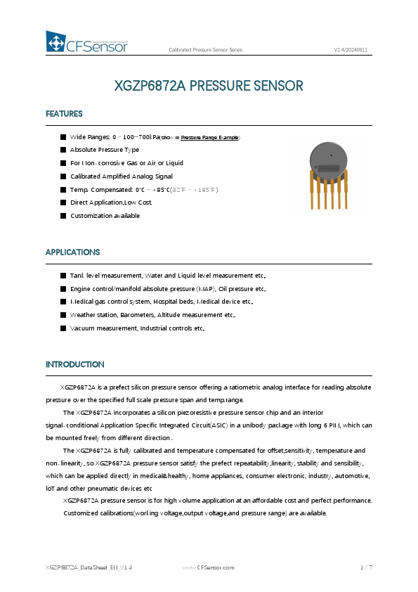 XGZP6872A Calibrated Pressure Sensor by CFSensor - Datasheet Preview