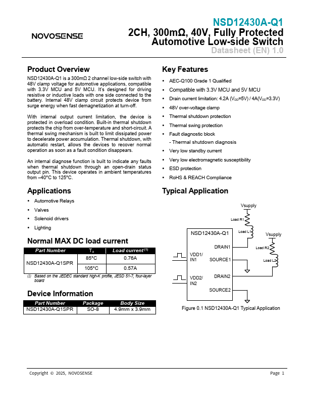 NSD12430A-Q1 2CH 40V Fully Protected Automotive Low-side Switch by NOVOSENSE - Datasheet Preview