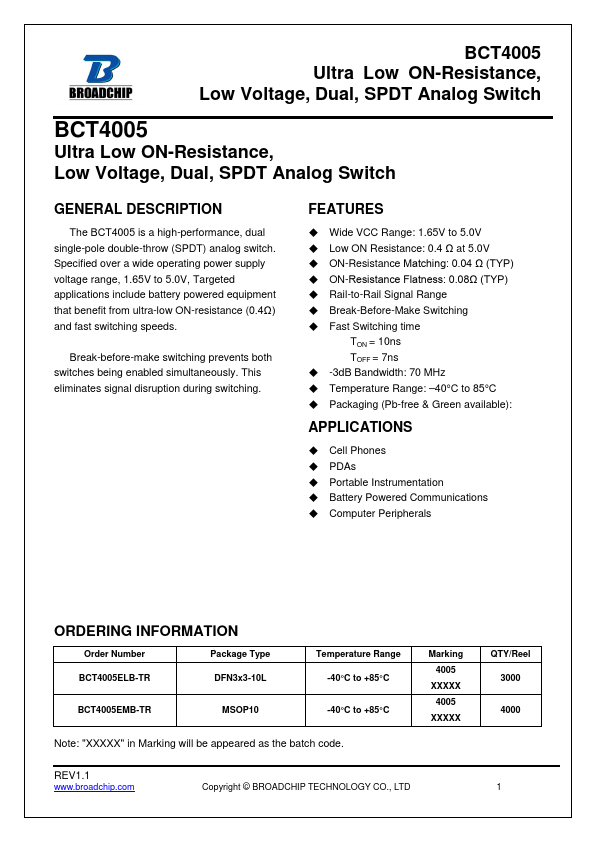 BCT4005 Ultra Low ON-Resistance Low Voltage Dual SPDT Analog Switch by BROADCHIP - Datasheet Preview
