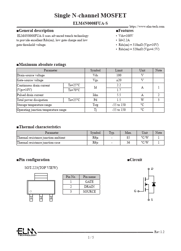 ELM4N0008FUA-S Single N-channel MOSFET by ELM - Datasheet Preview