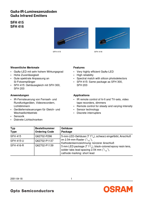 SFH416 GaAs Infrared Emitters by OSRAM - Datasheet Preview