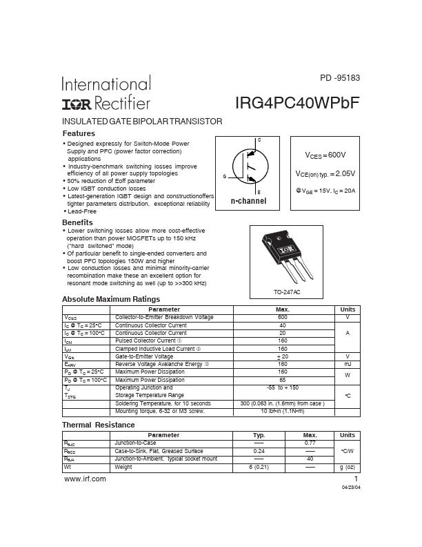 IRG4PC40WPBF Datasheet Preview
