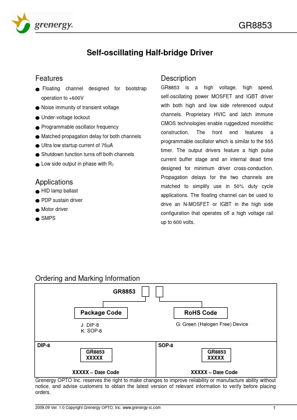 GR8853 Self-oscillating Half-bridge Driver by Grenergy - Datasheet Preview
