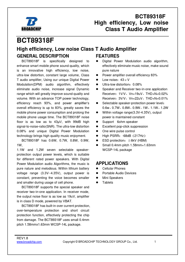 BCT89318F High efficiency Low noise Class T Audio Amplifier by BROADCHIP - Datasheet Preview